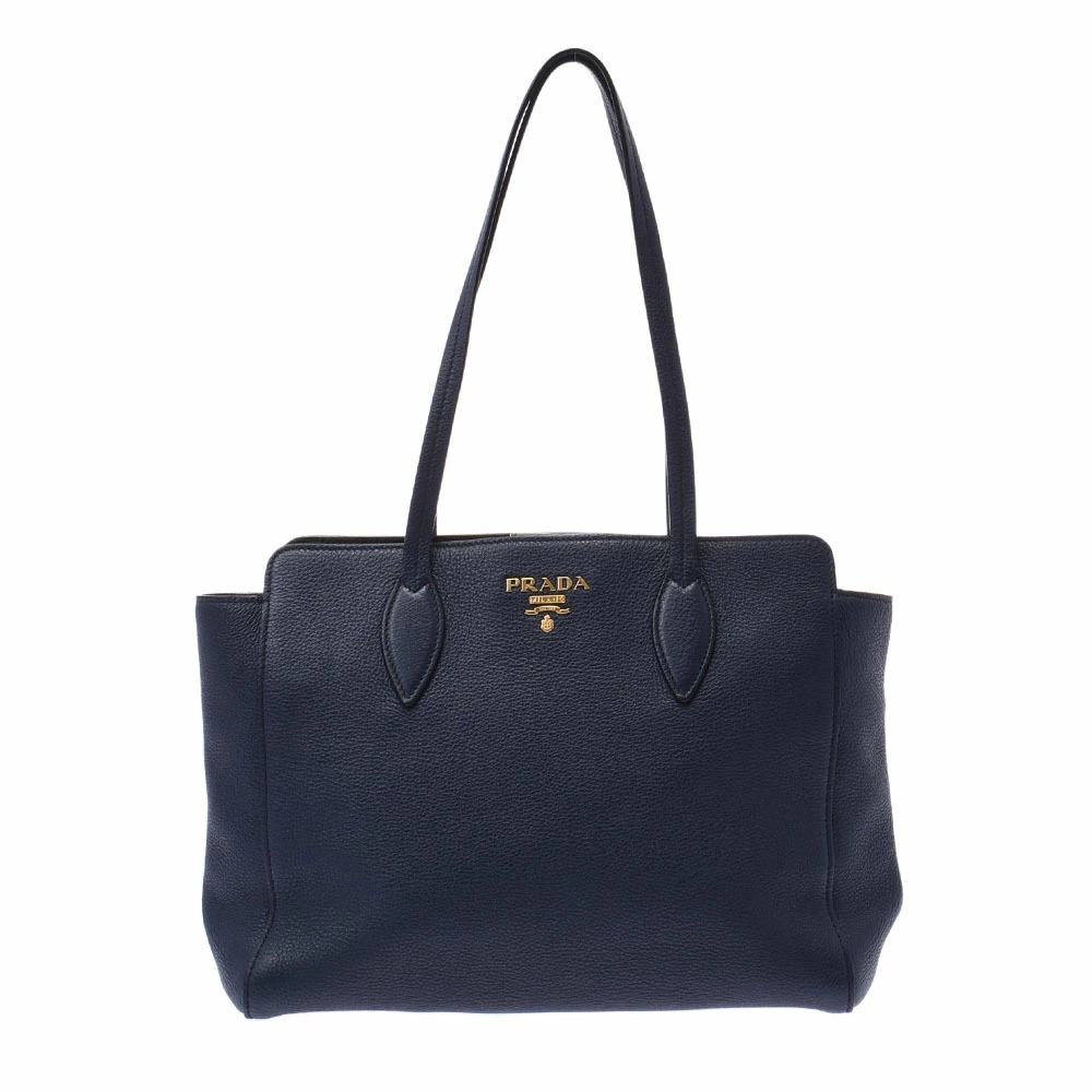 PRADA Tote Bag Navy Blue Embossed Leather Handbag